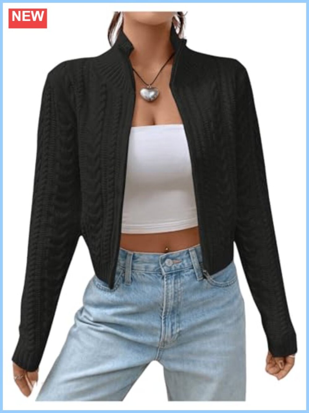 Cropped Cable Knit Zip Cardigan Long Sleeve Sweater